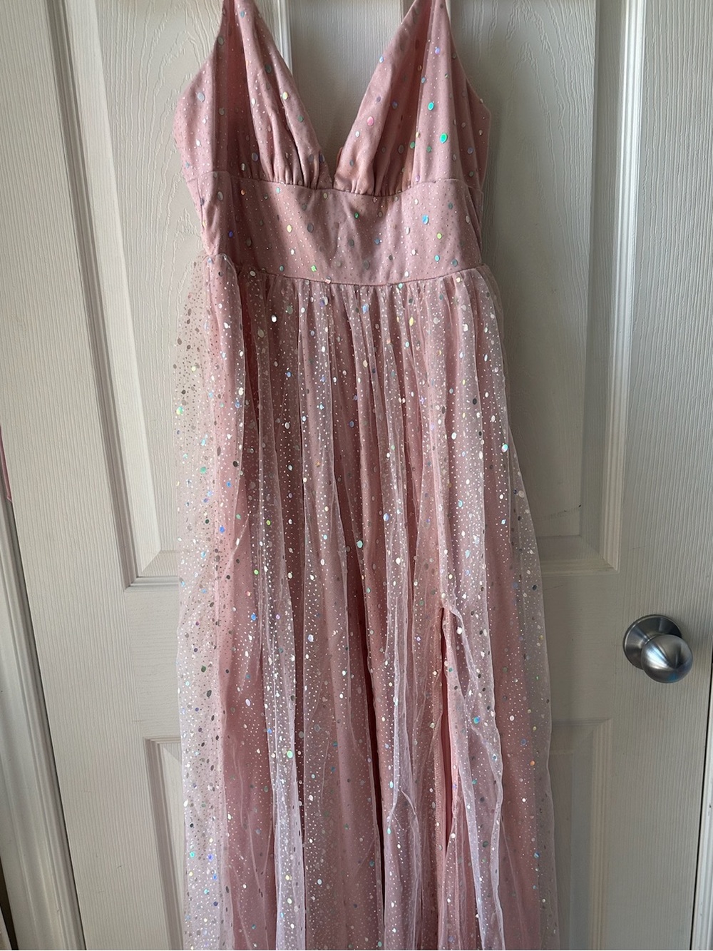 SHEIN Sparkling Rose Pink Sequined V-Neck Prom Dress